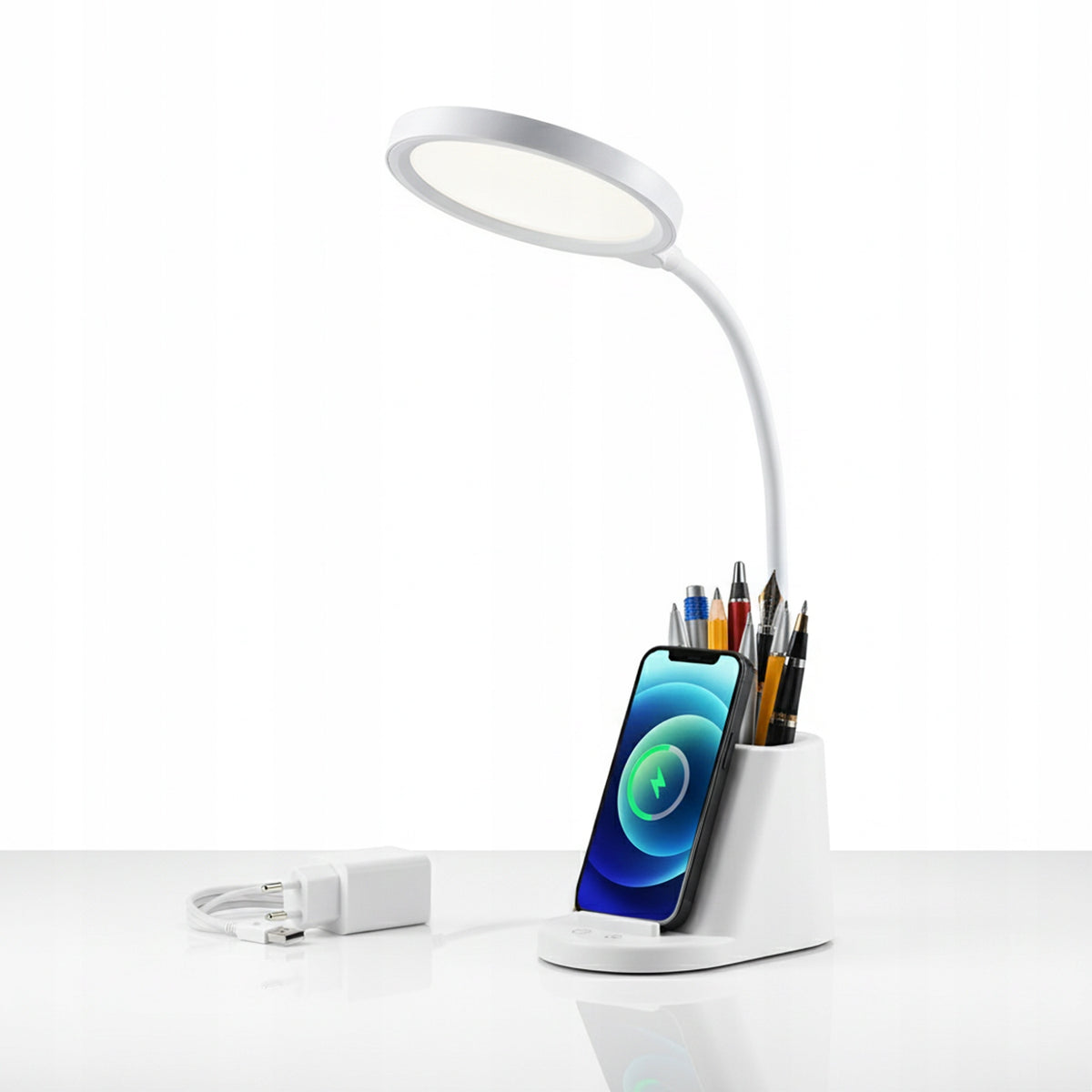 LED stolní lampa, s bezdrátovým nabíjením, s dotykovým ovládáním, nastavitelná, 3 režimy barvy světla, s organizérem