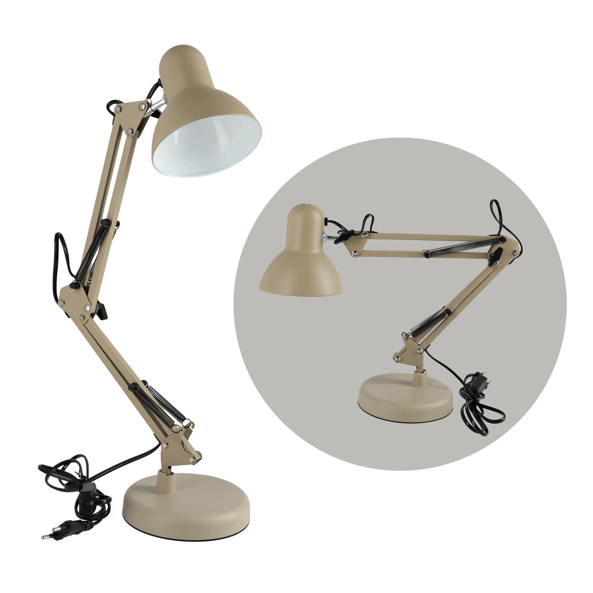 Béžová stolní lampa E27, nastavitelná, s klipsem