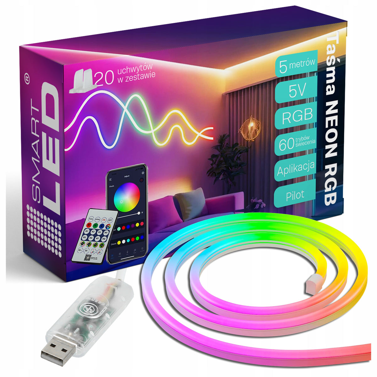 LED neonový pásek 5 V, 5 m, USB, IP65