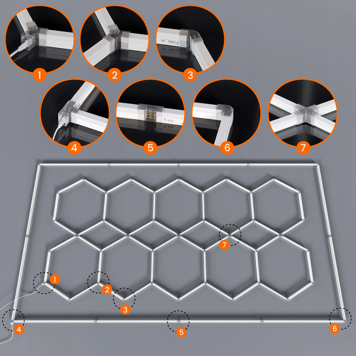 LED HEXAGON osvětlení do garáže 500 W, 484 × 243 cm