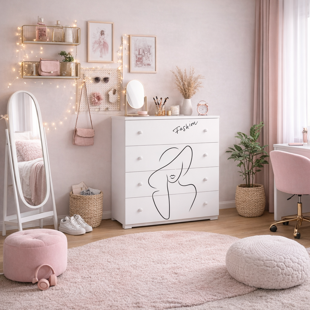 Dětská komoda EMILY – bílá, módní motiv