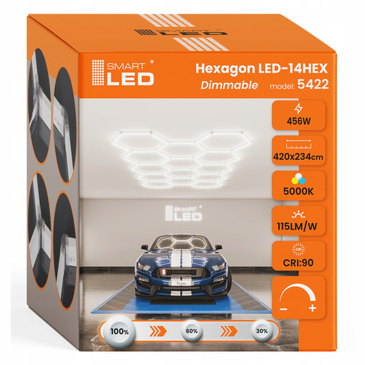 LED HEXAGON osvětlení do garáže 456 W, 420 × 234 cm, stmívatelné