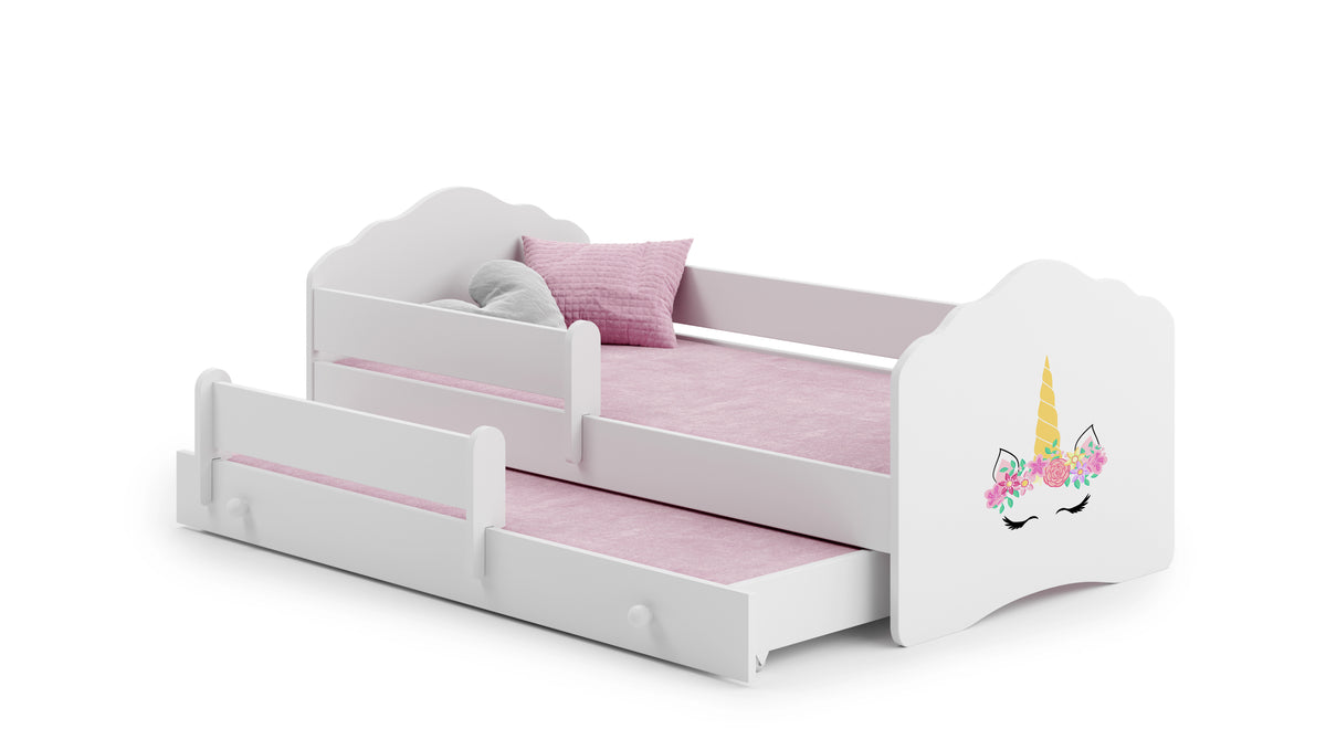 Dětská postel se dvěma lůžky FALA 160 × 80 cm s úložným šuplíkem a ochrannou zábranou – motiv jednorožec