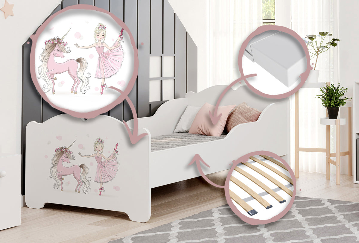 Dětská postel ANNA 160 × 80 cm s matrací – motiv dívka s jednorožcem
