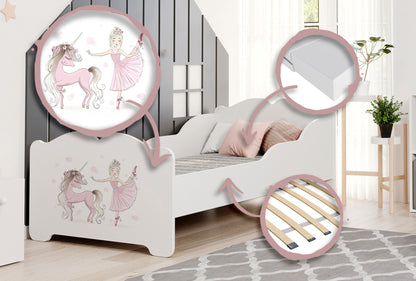 Dětská postel ANNA 160 × 80 cm s matrací – motiv dívka s jednorožcem