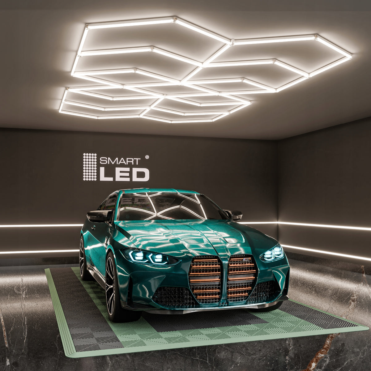 LED HEXAGON osvětlení do garáže 616 W, 482 × 279 cm