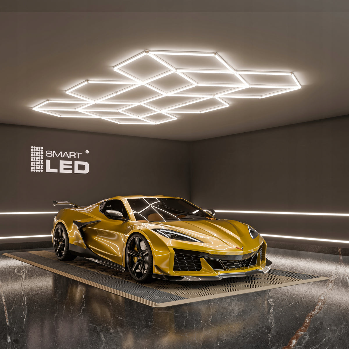 LED HEXAGON osvětlení do garáže 686 W, 482 × 279 cm