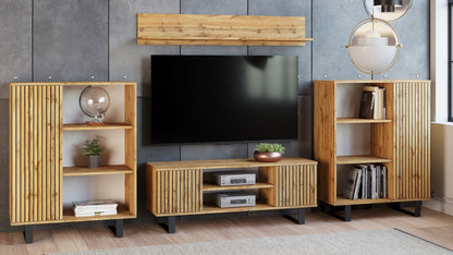 TV stolek FOCUS 155 cm – dub Craft zlatý, loftový styl, lamelový dekor