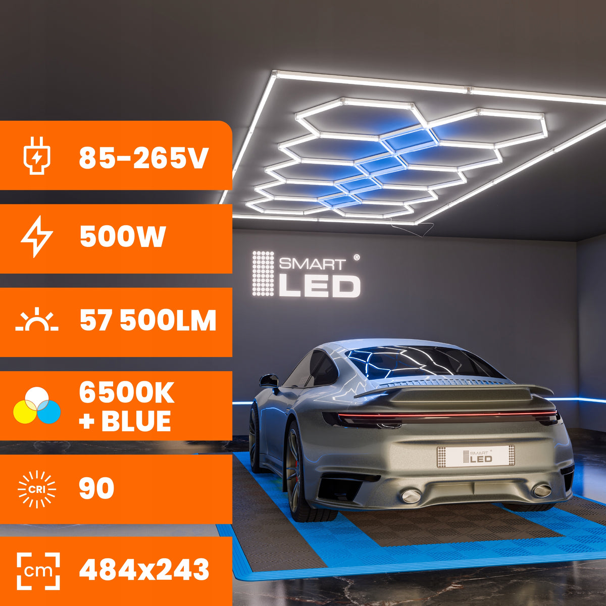 LED HEXAGON osvětlení do garáže 500 W, 484 × 243 cm