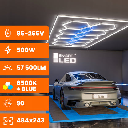 LED HEXAGON osvětlení do garáže 500 W, 484 × 243 cm