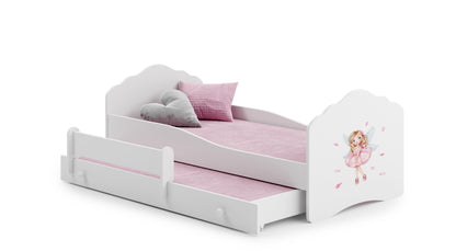Dětská postel se dvěma lůžky FALA 160 × 80 cm s úložným šuplíkem a ochrannou zábranou – motiv dívka s křídly