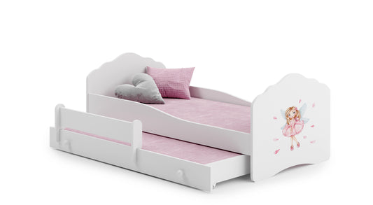 Dětská postel se dvěma lůžky FALA 160 × 80 cm s úložným šuplíkem a ochrannou zábranou – motiv dívka s křídly