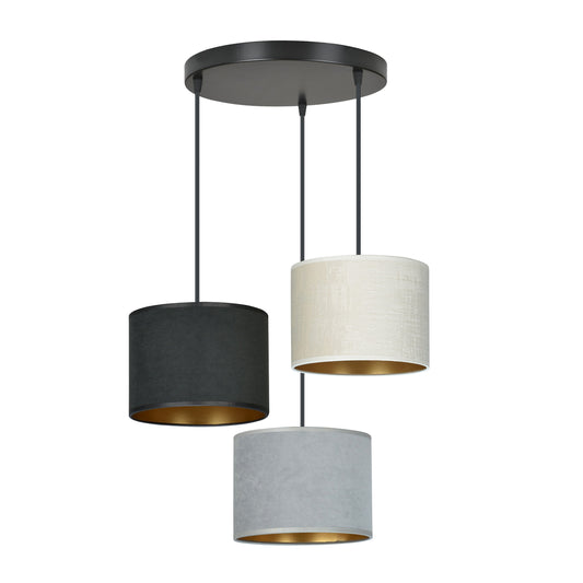 Závěsné svítidlo HILDE 3 PREM – černé, černá / šedá / bílá textilní stínidla