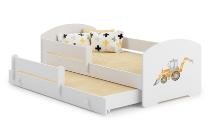 Dětská postel se dvěma lůžky LUK 160 × 80 cm s úložným šuplíkem a ochrannou zábranou – motiv bagr