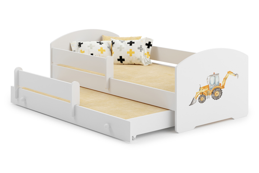 Dětská postel se dvěma lůžky LUK 160 × 80 cm s úložným šuplíkem a ochrannou zábranou – motiv bagr