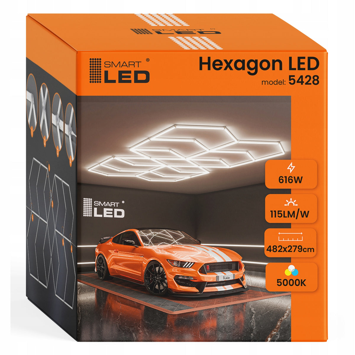 LED HEXAGON osvětlení do garáže 616 W, 482 × 279 cm