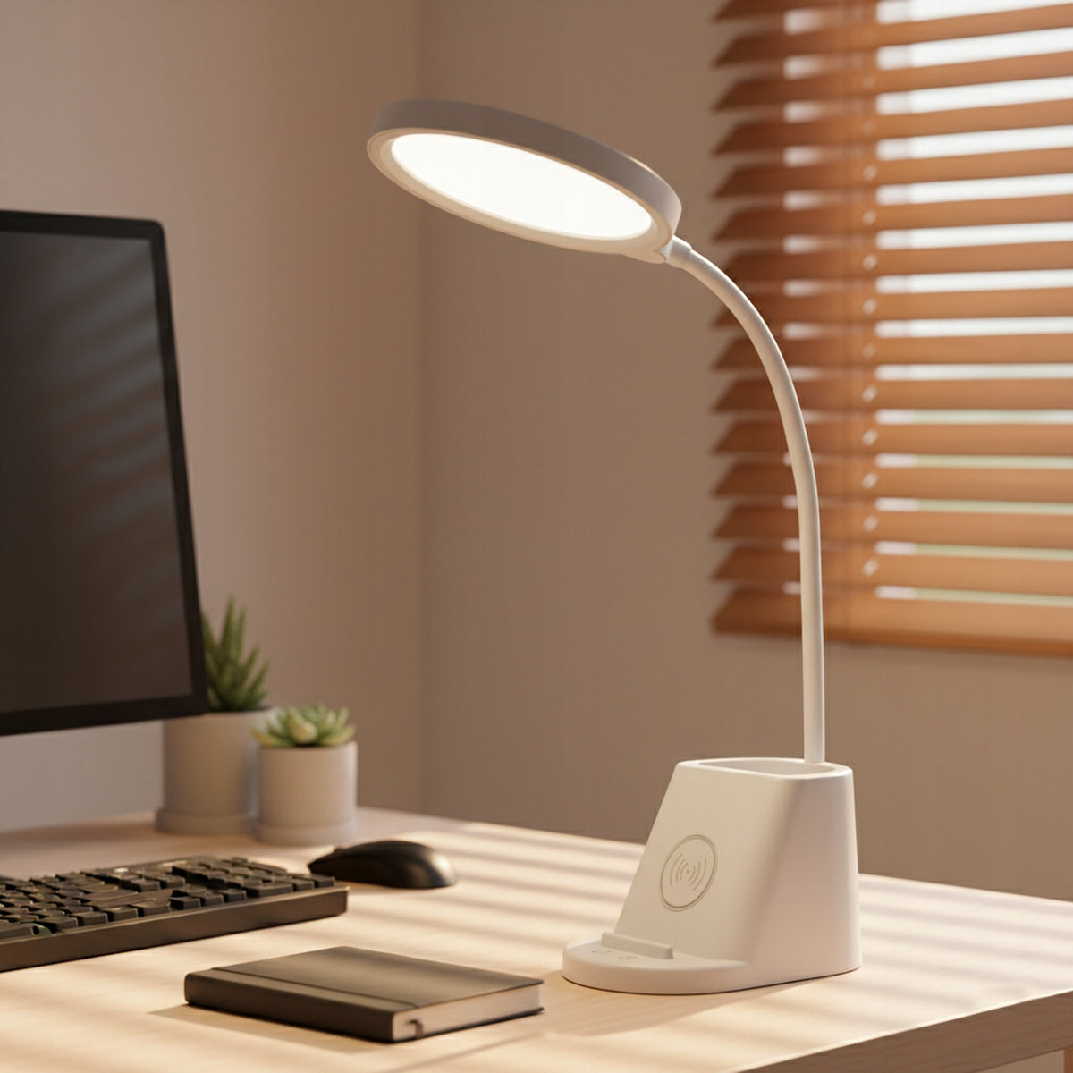 LED stolní lampa, s bezdrátovým nabíjením, s dotykovým ovládáním, nastavitelná, 3 režimy barvy světla, s organizérem