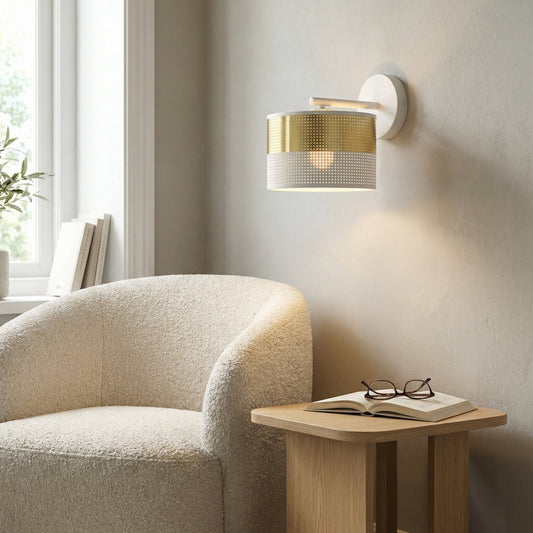 Nástěnné svítidlo LUX K1 – bílé / zlaté, zlaté textilní stínidlo