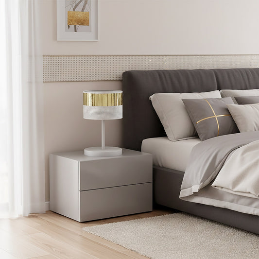 Stolní lampa LUX LN1 – bílá / zlatá, zlaté textilní stínidlo