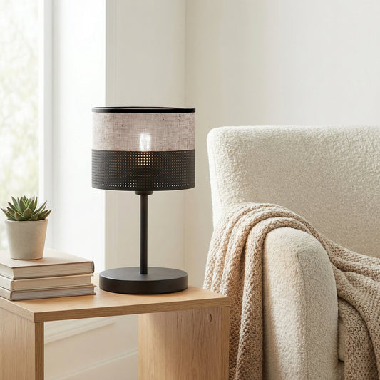 Stolní lampa KARBON LN1 – černá / šedá, šedé textilní stínidlo