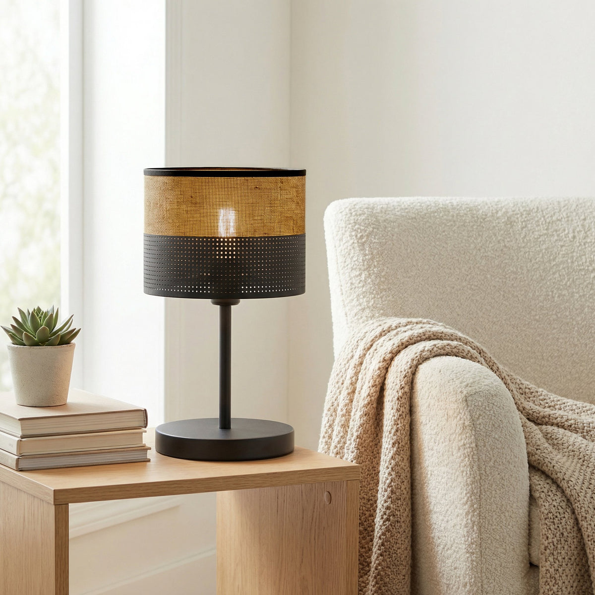 Stolní lampa KARBON LN1 – černá / hnědá, hnědé textilní stínidlo