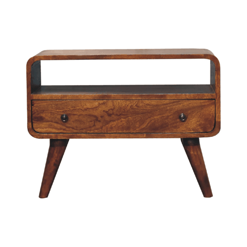 Mini TV stolek v kaštanovém odstínu se zaoblenými liniemi, 60 × 30 × 45 cm