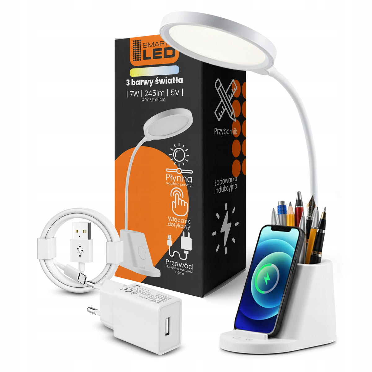 LED stolní lampa, s bezdrátovým nabíjením, s dotykovým ovládáním, nastavitelná, 3 režimy barvy světla, s organizérem