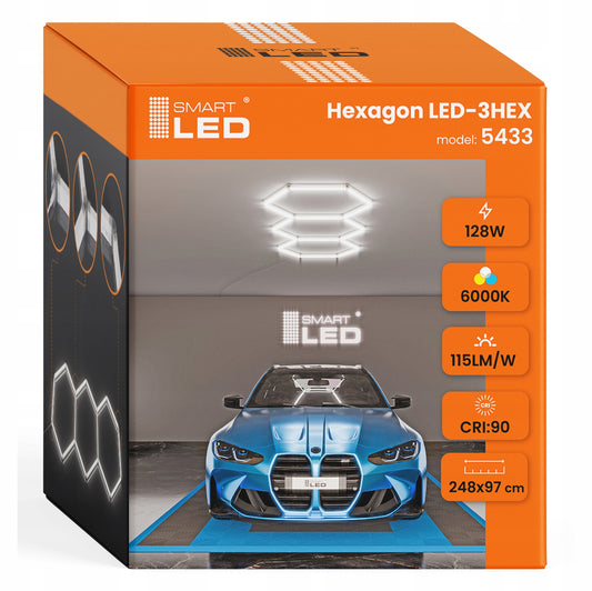 LED HEXAGON osvětlení do garáže 128 W, 248 × 97 cm