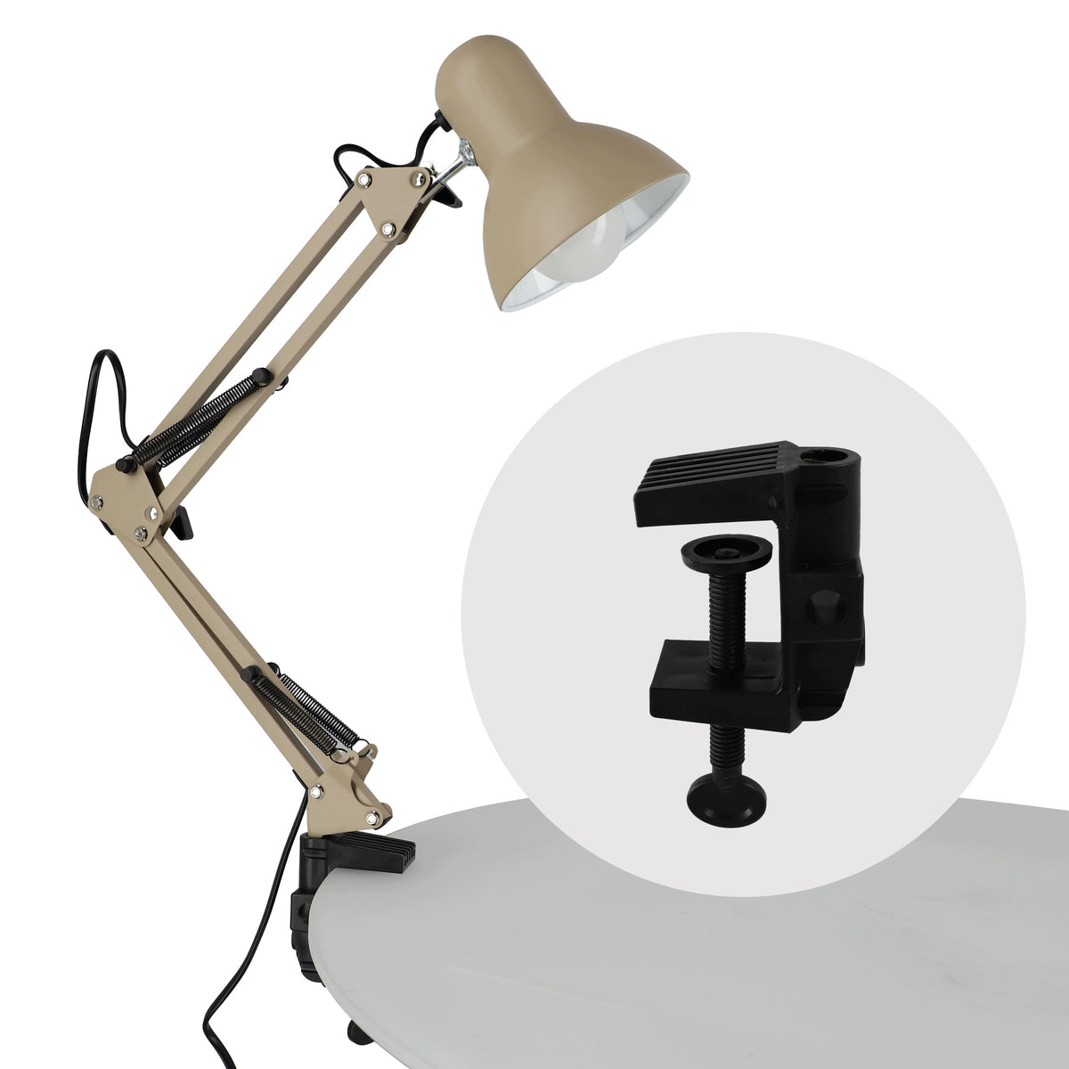 Béžová stolní lampa E27, nastavitelná, s klipsem