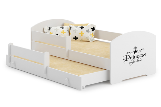 Dětská postel se dvěma lůžky LUK 160 × 80 cm s úložným šuplíkem a ochrannou zábranou – motiv princezna