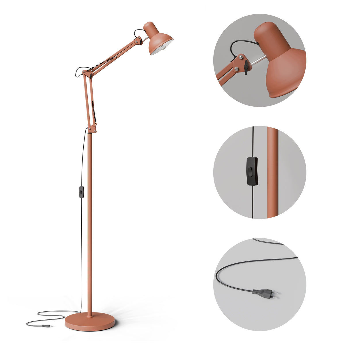 Červená stojací lampa E27 190 cm, nastavitelná