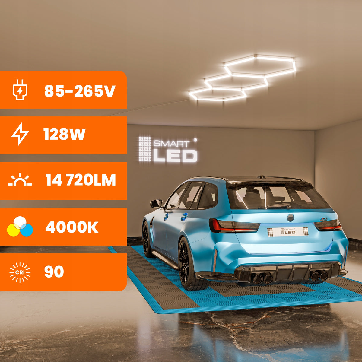 LED HEXAGON osvětlení do garáže 128 W, 248 × 97 cm