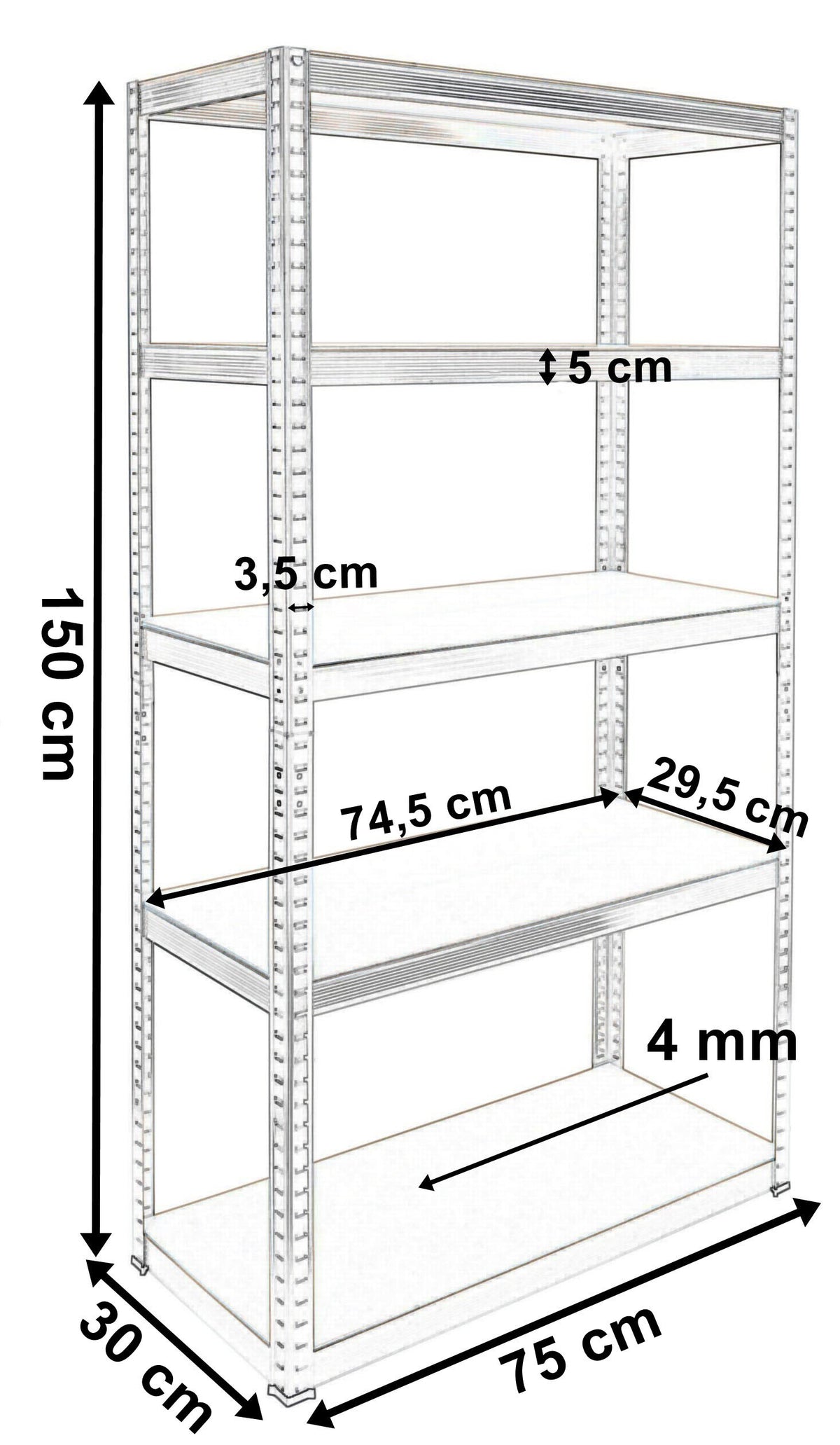 Skladový regál 5 úrovní 625 kg 150 x 75 x 30 cm