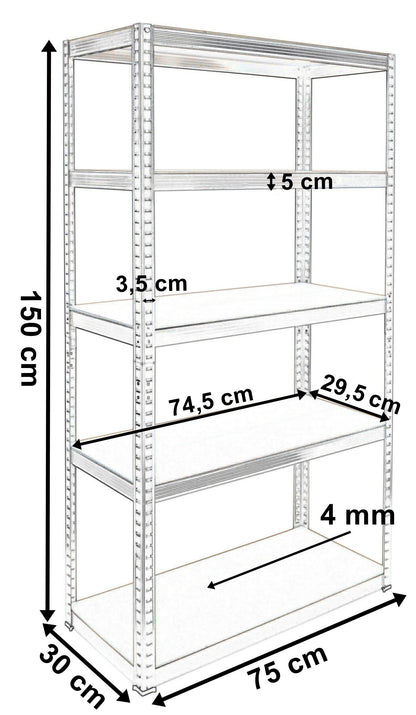 Skladový regál 5 úrovní 625 kg 150 x 75 x 30 cm