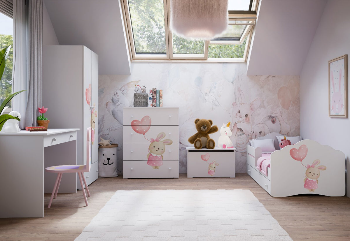 Dětská komoda EMILY – bílá, motiv zajíček