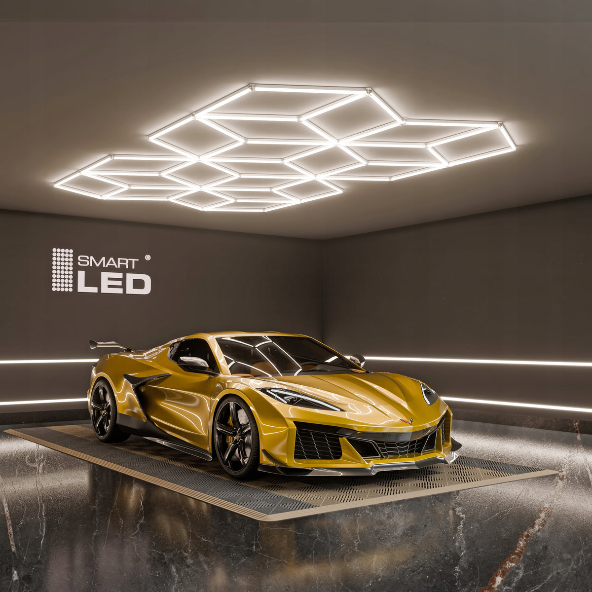 LED HEXAGON osvětlení do garáže 728 W, 482 × 279 cm