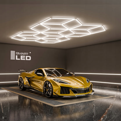 LED HEXAGON osvětlení do garáže 728 W, 482 × 279 cm