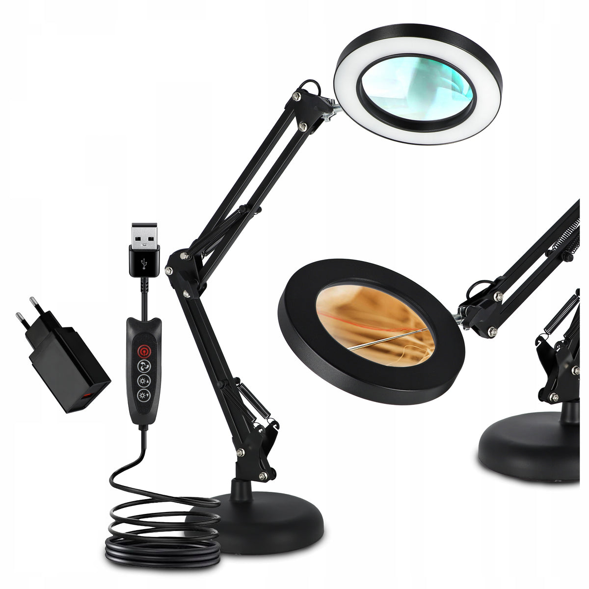 LED stolní lampa, stmívatelná, s lupou