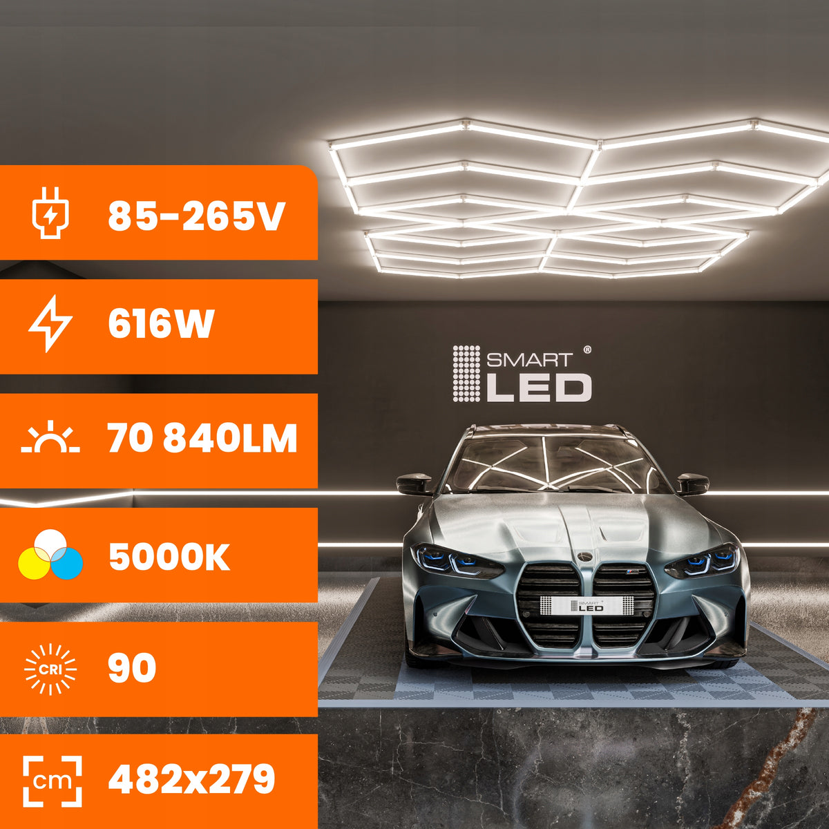 LED HEXAGON osvětlení do garáže 616 W, 482 × 279 cm