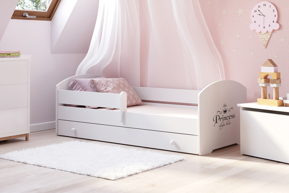 Dětská postel LUK 160 × 80 cm s úložným šuplíkem a ochrannou zábranou – motiv princezna