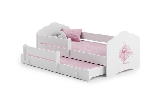 Dětská postel se dvěma lůžky FALA 160 × 80 cm s úložným šuplíkem a ochrannou zábranou – motiv princezna s korunkou