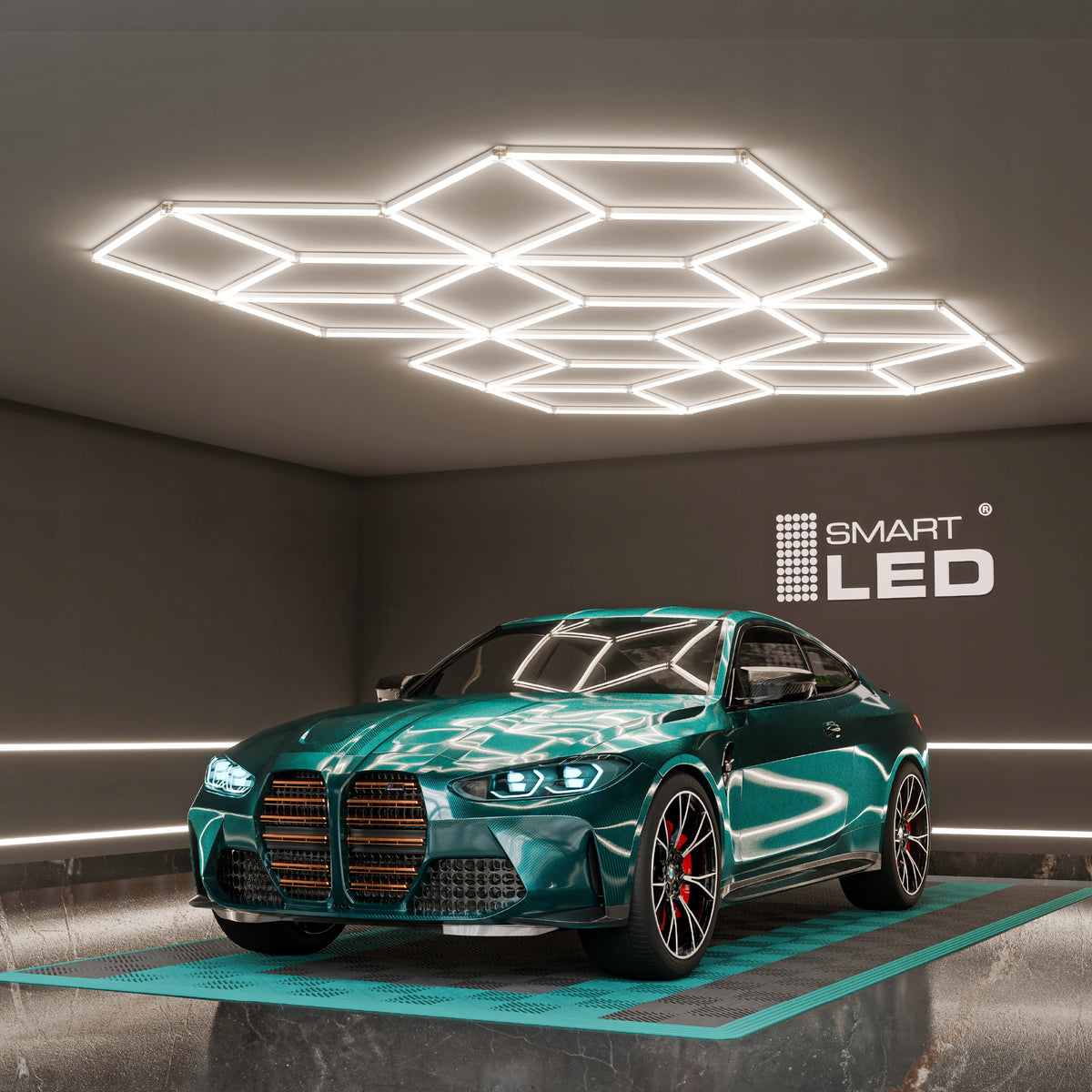 LED HEXAGON osvětlení do garáže 728 W, 482 × 279 cm