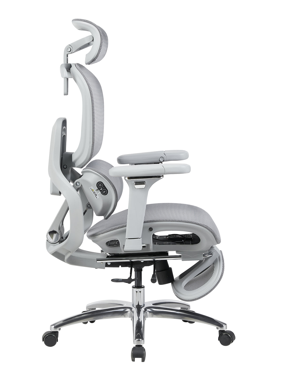 Ergonomická židle AirFlow Pro šedá – boční pohled na síťované opěradlo, područky a podnožku