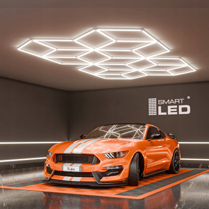 LED HEXAGON osvětlení do garáže 728 W, 482 × 279 cm