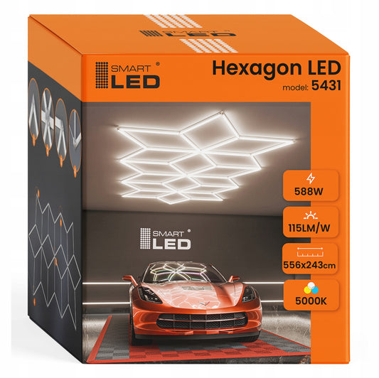 LED HEXAGON osvětlení do garáže 588 W, 556 × 243 cm