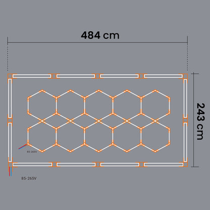 LED HEXAGON osvětlení do garáže 500 W, 484 × 243 cm