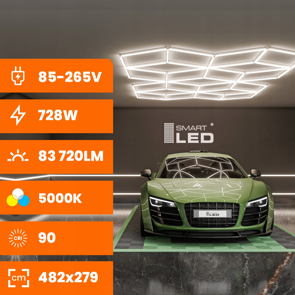 LED HEXAGON osvětlení do garáže 728 W, 482 × 279 cm
