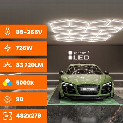 LED HEXAGON osvětlení do garáže 728 W, 482 × 279 cm