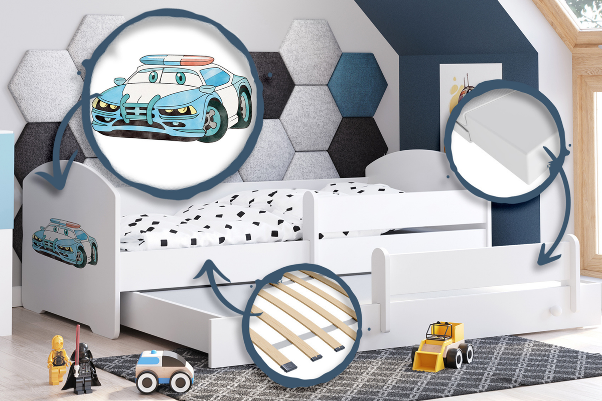 Dětská postel se dvěma lůžky LUK 160 × 80 cm s úložným šuplíkem a ochrannou zábranou – motiv policie