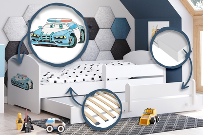 Dětská postel se dvěma lůžky LUK 160 × 80 cm s úložným šuplíkem a ochrannou zábranou – motiv policie